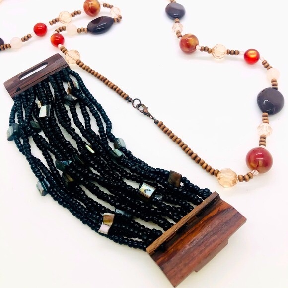 Vintage Glass Bead Necklace & Multi Strand Wood Buckle Bracelet - Picture 11 of 15